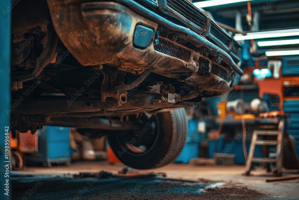 custom made wallpaper toronto digitalClose-Up View of a Dirty Car Underbody in an Auto Repair Shop with Tools and Equipment Surrounding, Emphasizing Mechanic Work Environment and Vehicle Maintenance Needs