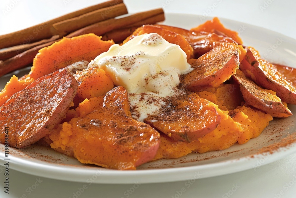 A simple yet appealing breakfast or brunch scene featuring a white plate topped with roasted sweet potatoes and a few cinnamon sticks A simple yet appealing breakfast or brunch scene featuring a white plate topped with roasted sweet potatoes and a few cinnamon sticks