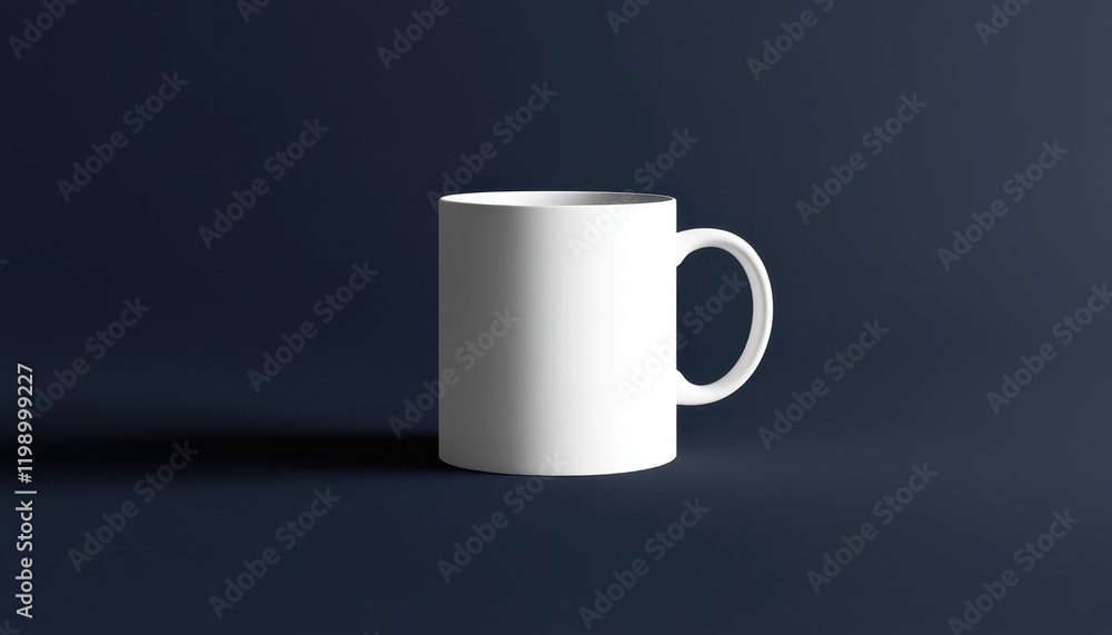 A white mug sits on a dark blue background A white mug sits on a dark blue background