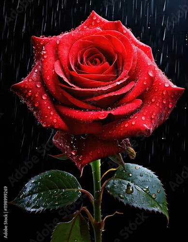 Red rose with water drops and rain, red rose on a black isolated background