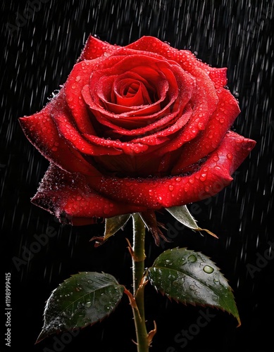Red rose with water drops and rain, red rose on a black isolated background