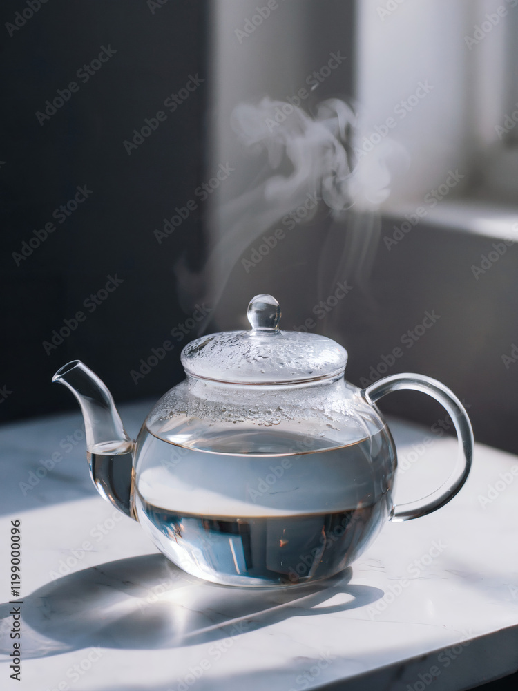 plain hot water: A horizontal scene capturing a clear glass teapot filled with plain hot water, placed on a white marble surface