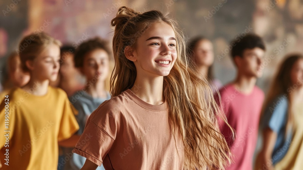 Fototapeta premium Happy Young Girl Smiling in Dance Class with Group of Teens