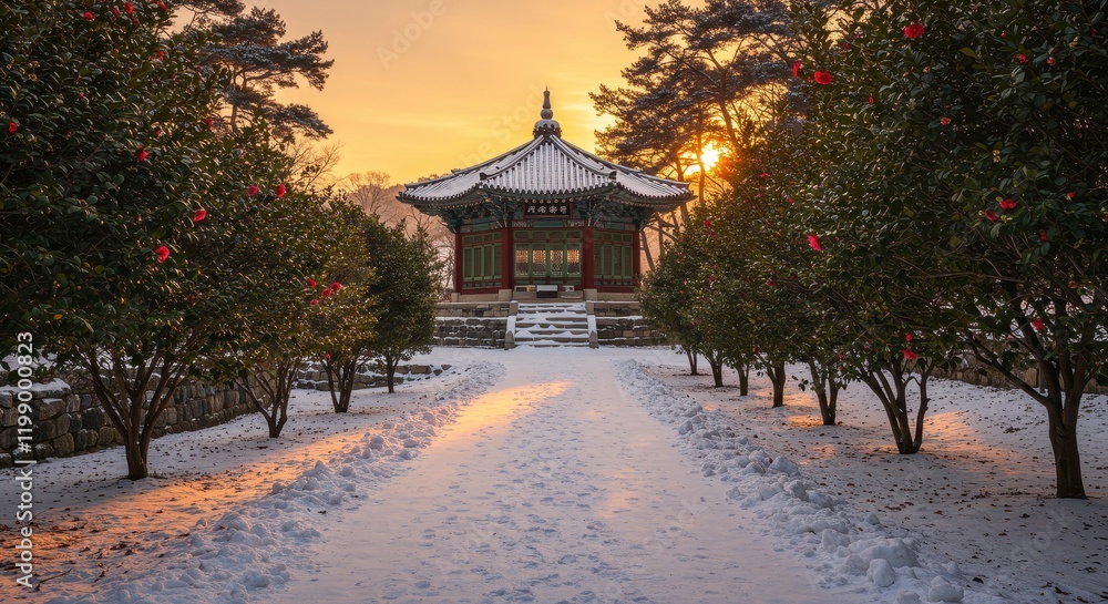 Traditional korean pavilion in winter landscape at sunrise Traditional korean pavilion in winter landscape at sunrise
