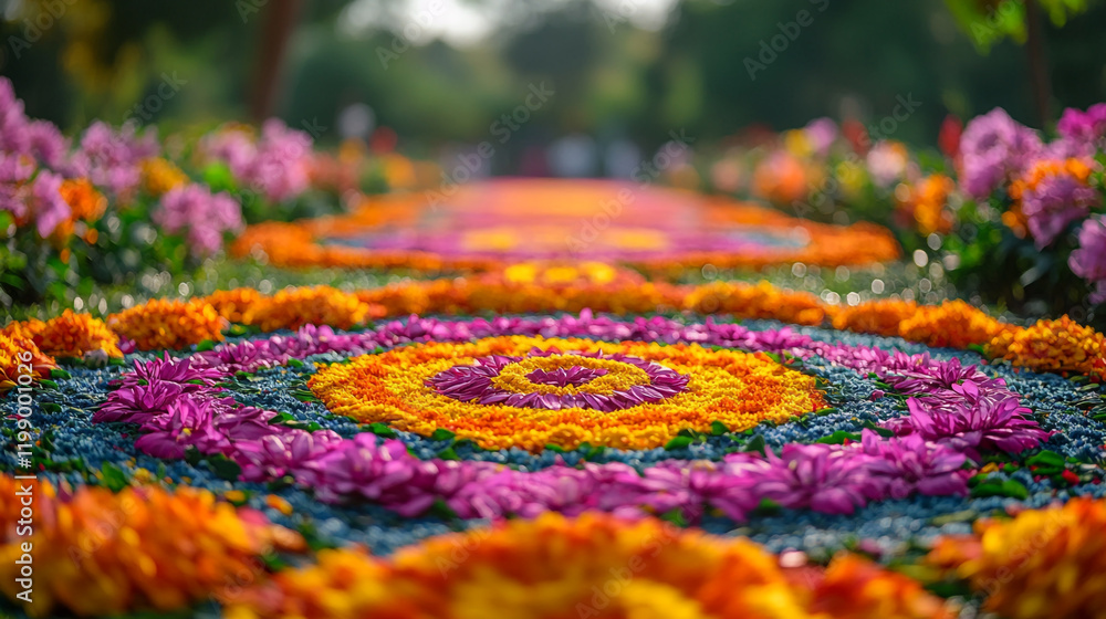 Obraz premium Vibrant flower arrangements celebrate Onam festival in a beautiful garden setting