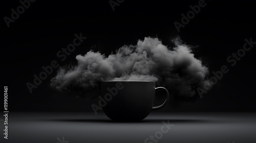 Black coffee cup emitting dark steam against a minimalist black background, creating a moody atmosphere