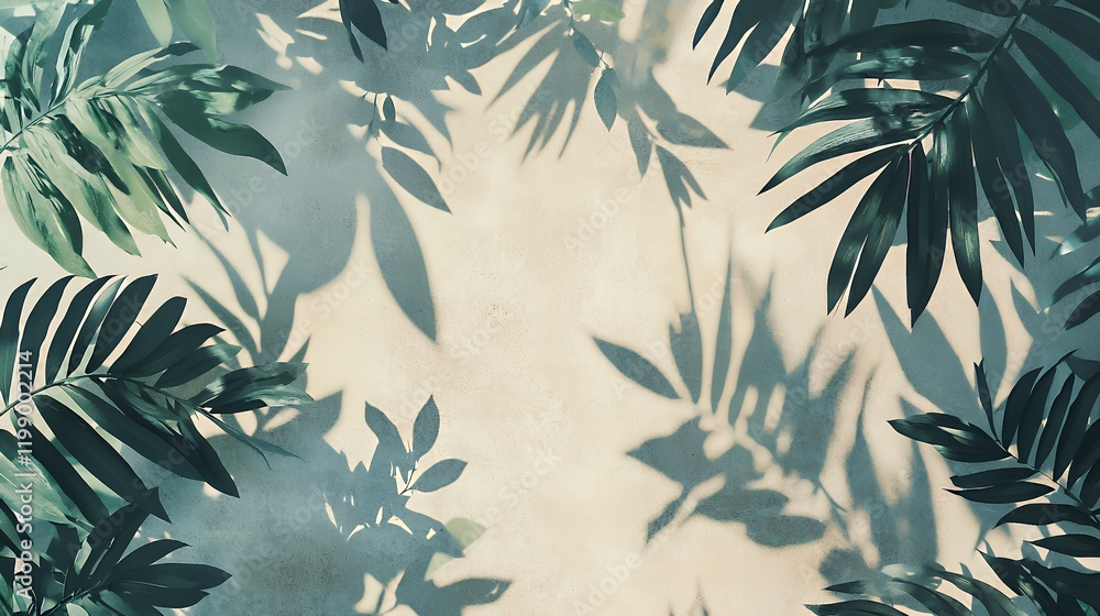 Naklejka premium Serene Tropical Leaf Shadows on Beige Wall