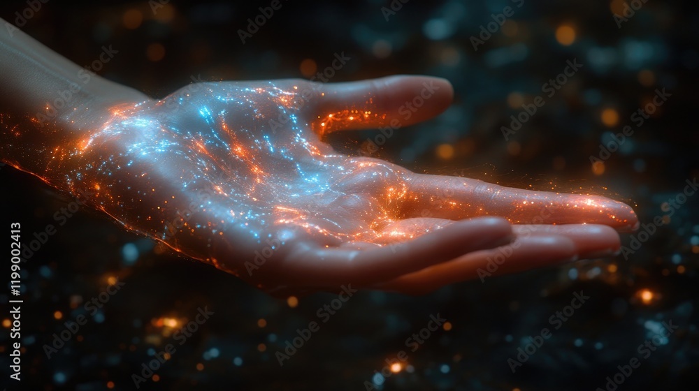 Fototapeta premium A person holds out their hand with glowing stars visible in the background, suitable for use in sci-fi or fantasy themed designs