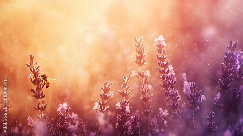 A close-up of a honeybee collecting nectar from a lavender flower, the delicate textures highlighted by soft light A close-up of a honeybee collecting nectar from a lavender flower, the delicate textures highlighted by soft light