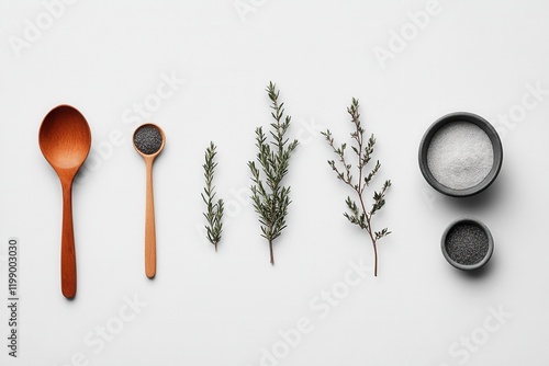 Herbs spices arrangement with wooden spoons on white background