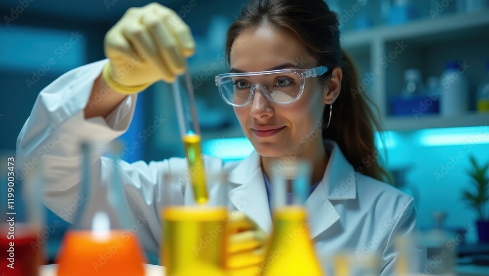 Scientist in lab coat and gloves carefully conducting an experiment with colorful liquids in a laboratory setting Scientist in lab coat and gloves carefully conducting an experiment with colorful liquids in a laboratory setting