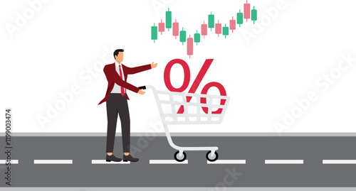 Big discounts or increased dividends from stock investments with happy businessman carrying big percentage icon in shopping cart, stock market rising up from economic recovery concept