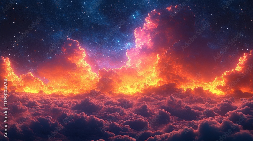 Fiery cloudscape at night with starry nebula background Fiery cloudscape at night with starry nebula background