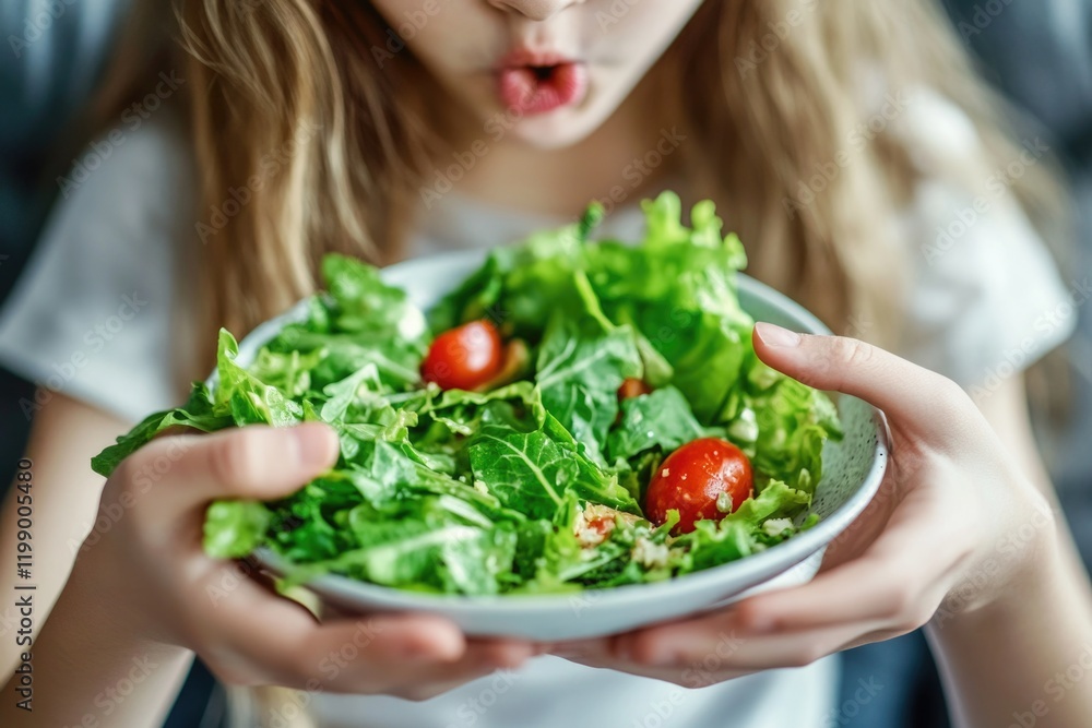A young child holds a colorful salad bowl, perfect for use in lifestyle, food, or family photography A young child holds a colorful salad bowl, perfect for use in lifestyle, food, or family photography