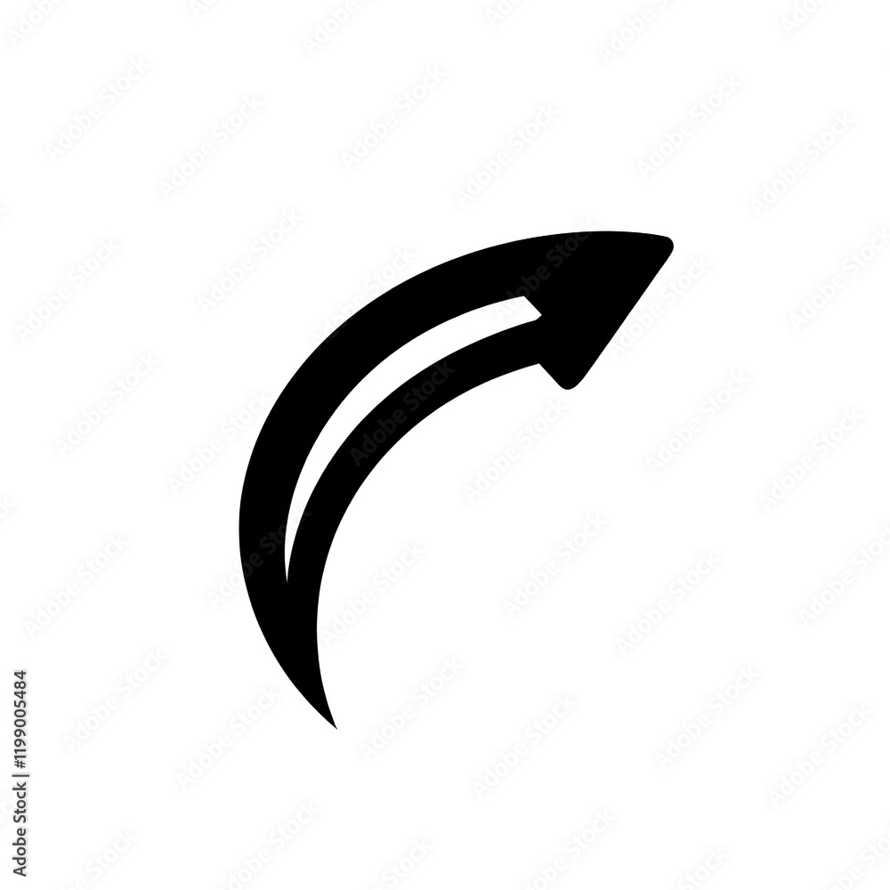 Black curved arrow pointing right on white background. Black curved arrow pointing right on white background.