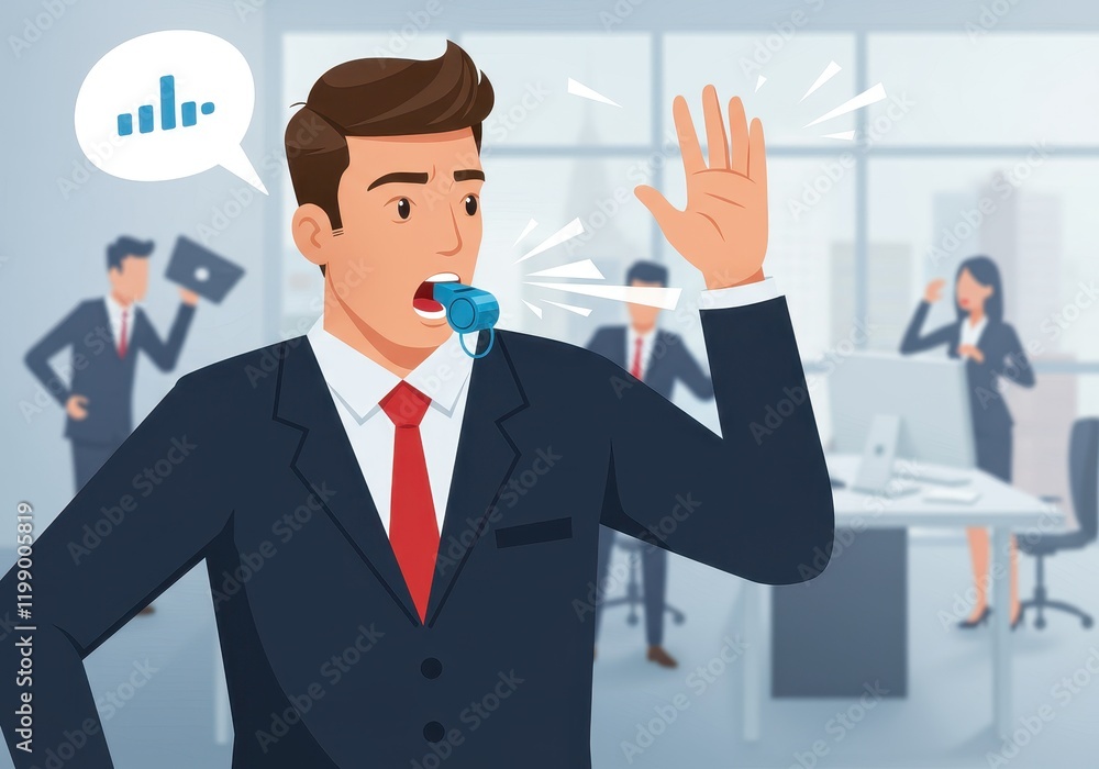 Businessman whistleblower alerting colleagues in office setting Businessman whistleblower alerting colleagues in office setting