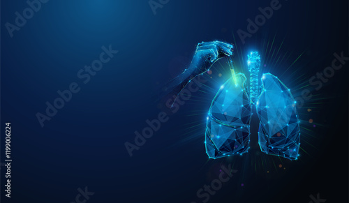 Abstract illustration of low poly doctor hand applying antibiotics to cure human lungs.Blue geometric background depicting pulmonary and respiratory system healthcare medical concept by wireframe mesh