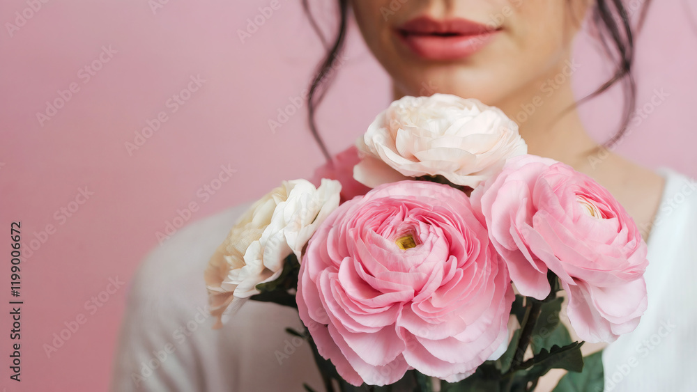 A close-up of a woman holding a bouquet of pink and white flowers against a soft pink background. The woman's face is partially visible, with her lips slightly parted and her gaze directed downwards A close-up of a woman holding a bouquet of pink and white flowers against a soft pink background. The woman's face is partially visible, with her lips slightly parted and her gaze directed downwards