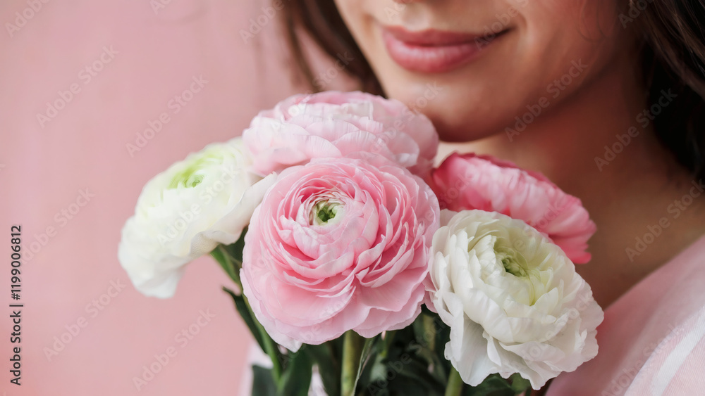 A close-up of a woman holding a bouquet of pink and white flowers against a soft pink background. The woman's face is partially visible, with her lips slightly smiles and her gaze directed downwards A close-up of a woman holding a bouquet of pink and white flowers against a soft pink background. The woman's face is partially visible, with her lips slightly smiles and her gaze directed downwards
