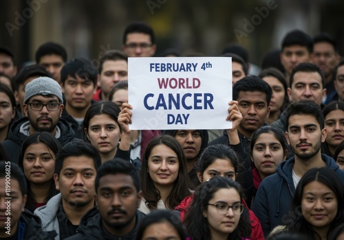 Diverse crowd raises awareness for world cancer day with february 4th sign