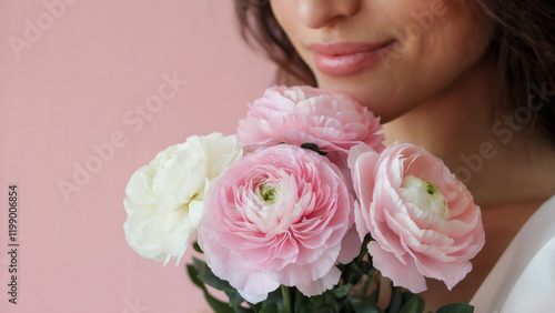 A close-up of a woman holding a bouquet of pink and white flowers against a soft pink background. The woman's face is partially visible, with her lips slightly smiles and her gaze directed downwards