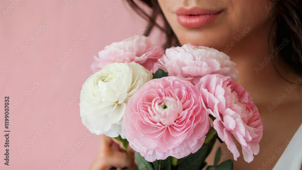 A close-up of a woman holding a bouquet of pink and white flowers against a soft pink background. The woman's face is partially visible, with her lips slightly parted and her gaze directed downwards A close-up of a woman holding a bouquet of pink and white flowers against a soft pink background. The woman's face is partially visible, with her lips slightly parted and her gaze directed downwards