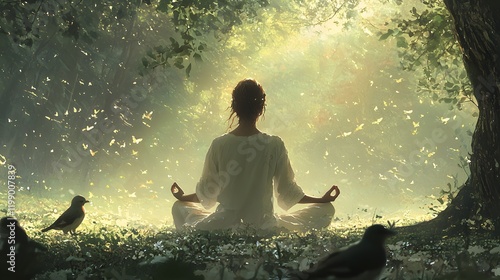 A woman sitting cross-legged in a forest glade, meditating as birds perch nearby and the soft hum of insects fills the air photo