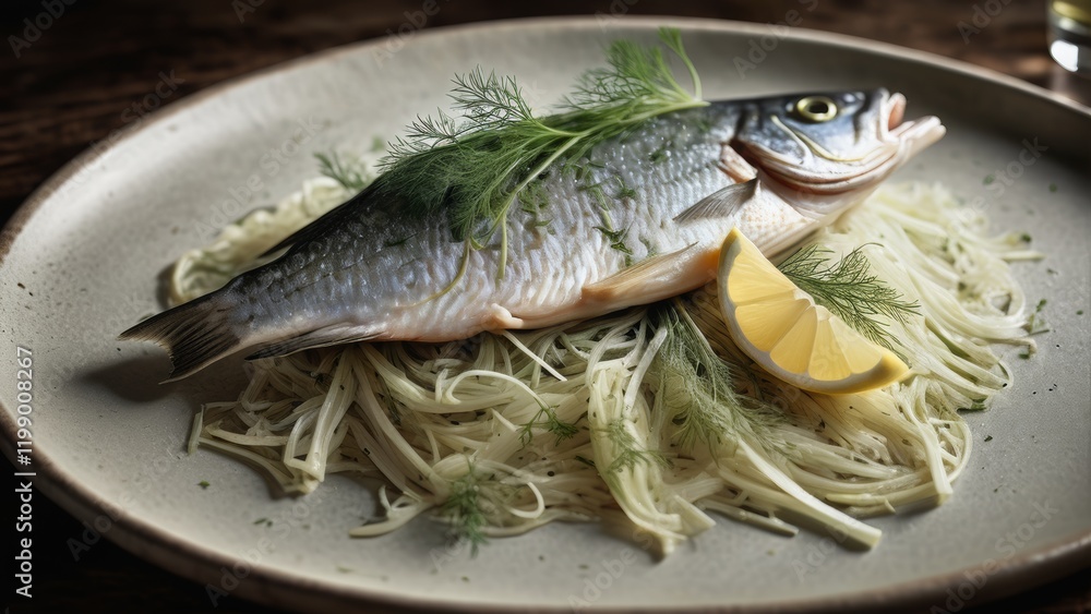 Fish cooked in parchment with a slice of lemon Fish cooked in parchment with a slice of lemon