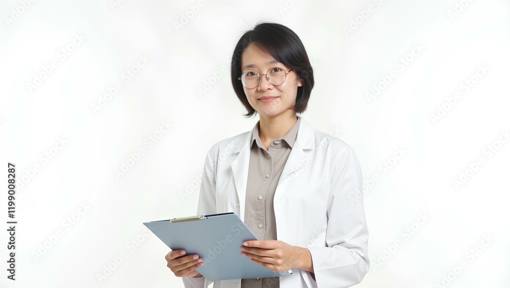 Professional female doctor holding a clipboard and smiling, isolated on a white background. Professional female doctor holding a clipboard and smiling, isolated on a white background.