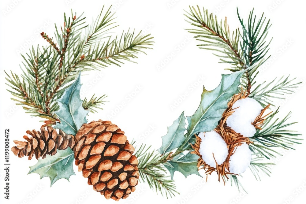 A festive Christmas wreath adorned with pinecones and holly leaves, perfect for decorating your home during the holiday season A festive Christmas wreath adorned with pinecones and holly leaves, perfect for decorating your home during the holiday season
