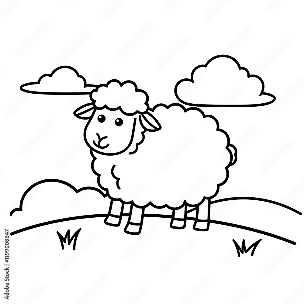 Obraz premium Easy and bold coloring page of a sheep on grassy hill with clouds
