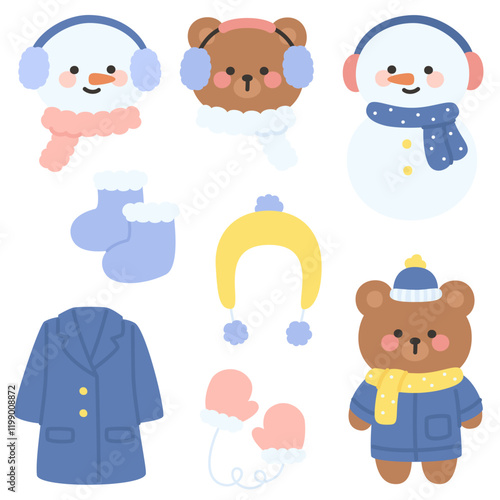 Winter Bear and Snowman Sticker Sheet with Adorable Seasonal Outfit Ideas