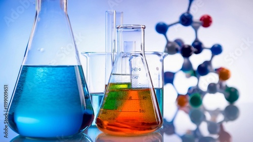 Glass test tubes with liquid stand on a table in a chemical laboratory. Checking the quality of petroleum products refining concept.