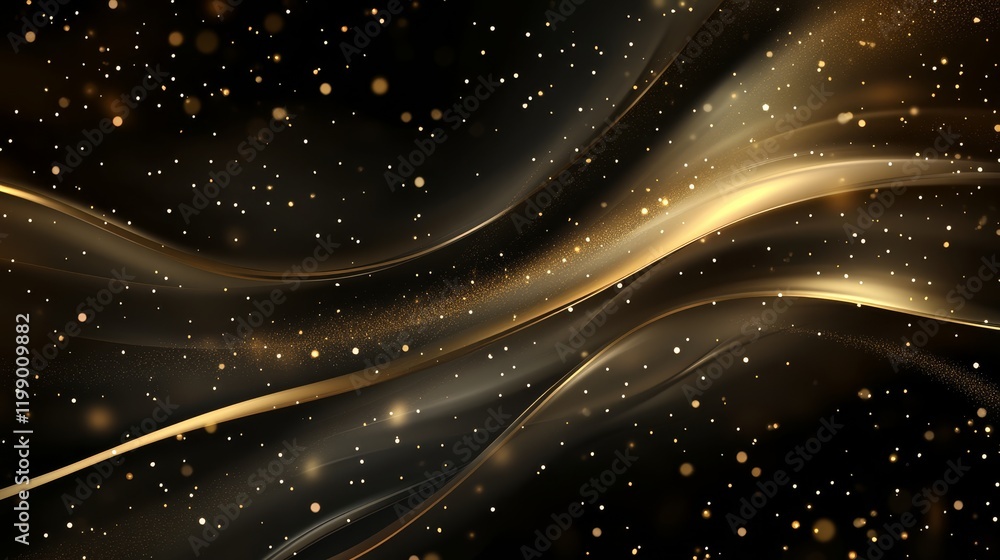 Obraz premium Abstract golden waves with sparkling particles, black and gold glittery background