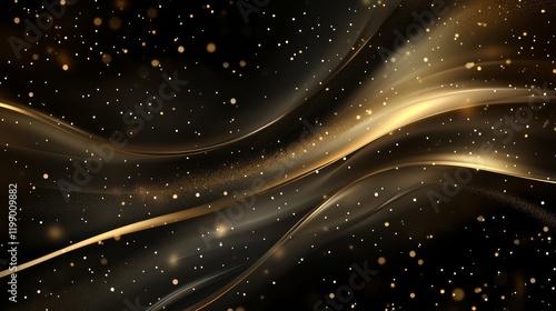 Abstract golden waves with sparkling particles, black and gold glittery background
