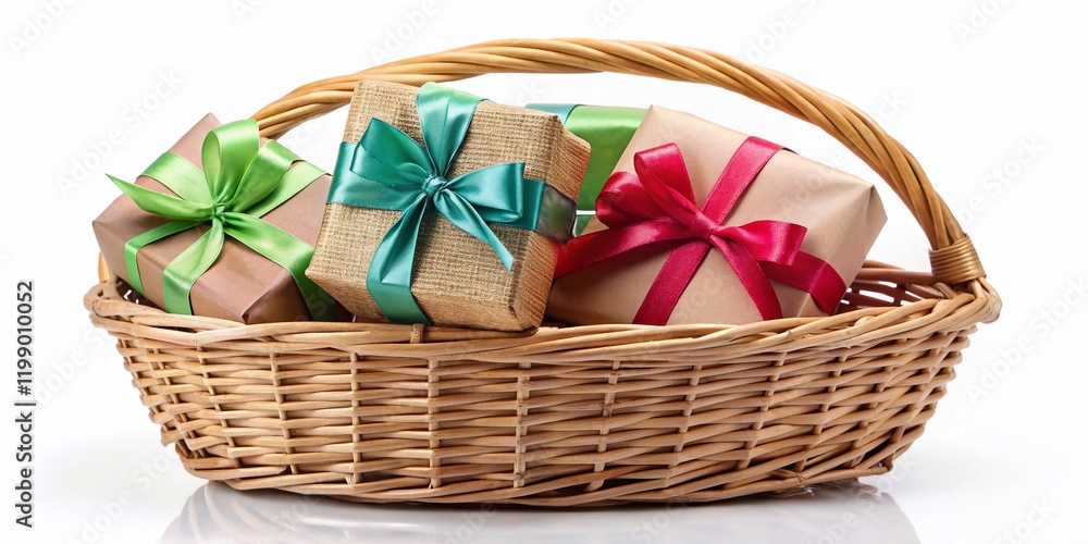 Minimalist Wicker Basket Overflowing with Gifts on White Background Minimalist Wicker Basket Overflowing with Gifts on White Background