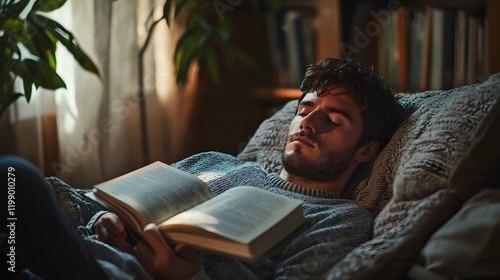 A man lying on a sofa with a book resting on his chest, his peaceful breathing softening the room s silence photo