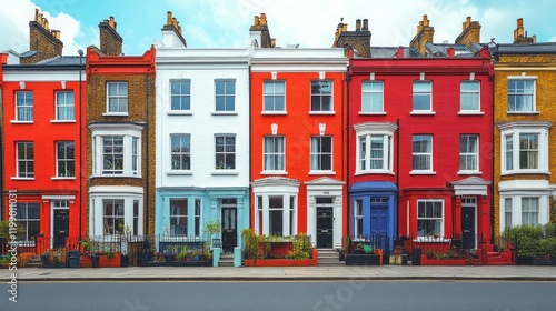 Colorful row of Victorian houses showcasing vibrant facades and well-maintained gardens in an urban setting