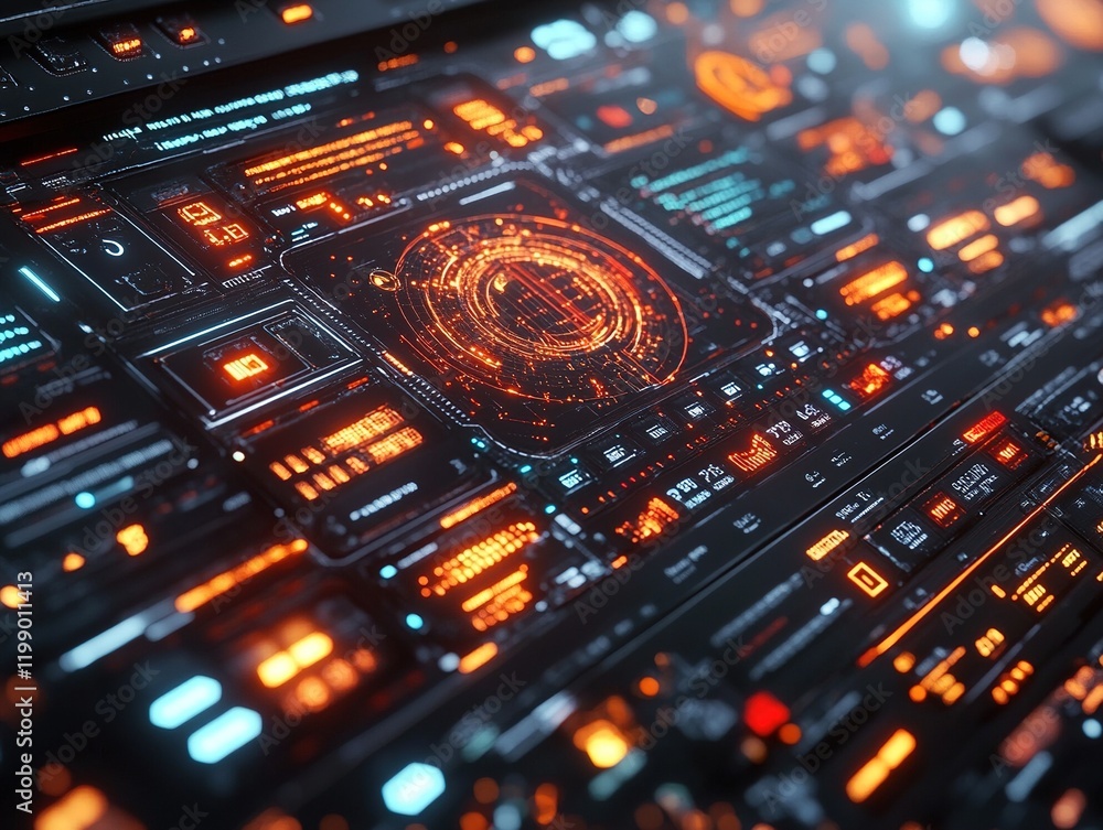 Obraz premium Futuristic control panel with glowing data interface in spaceship cockpit