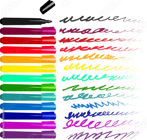 Set of markers with basic colors for drawing and coloring. Sale and advertising of markers and drawing with them. Felt-tip pen for drawing courses. Set of markers for children.