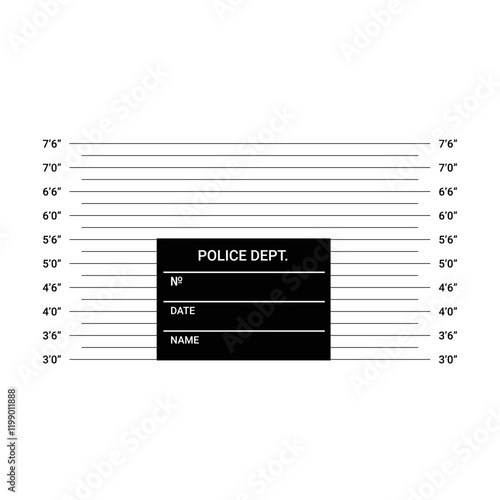 Mugshot Background With Height Chart And Police Department Tag In Flat Vector Illustration Symbolizing Crime, Law, And Justice, Isolated On White Background.