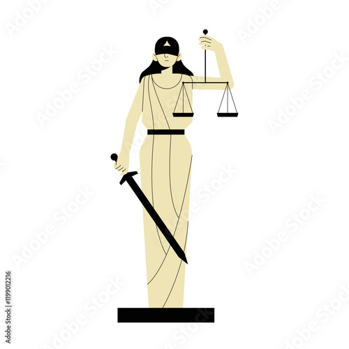 Lady Justice Statue With Sword And Scales In Flat Vector Illustration Symbolizing Law, Justice, And Balance, Isolated On White Background