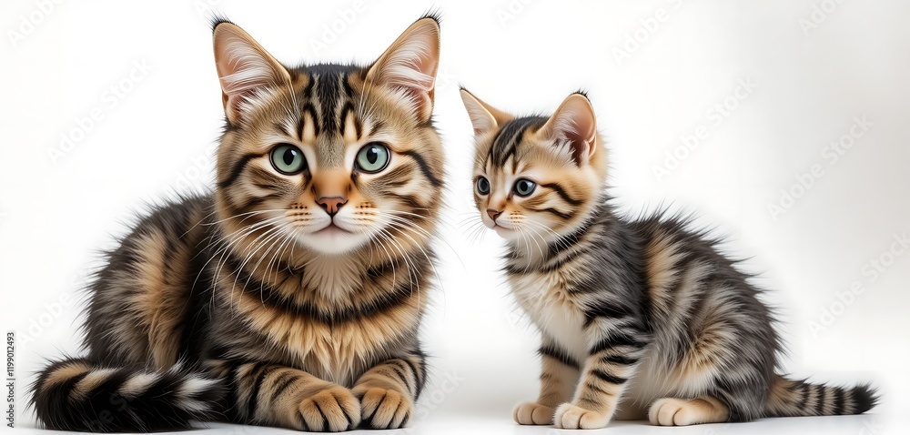 Fototapeta premium Adorable Tabby Cat and Kitten Posing Together, Closeup Studio Shot, Fluffy Fur, Green Eyes, White Background