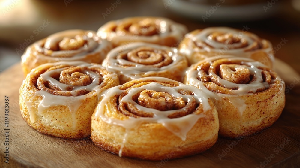 Freshly baked cinnamon rolls arranged on a wooden cutting board, perfect for baking or serving Freshly baked cinnamon rolls arranged on a wooden cutting board, perfect for baking or serving