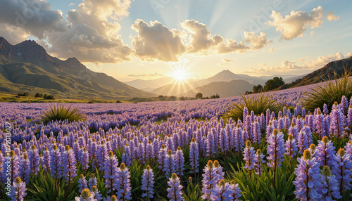 Sunset over purple lupin flowers in mountainous landscape photo