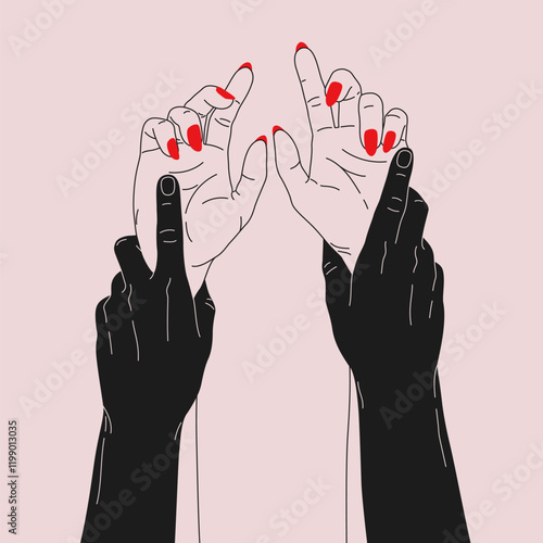 Hand drawn simple illustration of lovers hands. Hands of one partner hold the others. Concept of passion, desire, love, pleasure, intimate moment. Minimal illustration for Valentine's day design