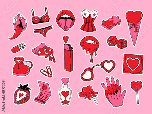 Vintage set stickers of Valentine's Day and Love. Line art design concept of romantic elements and symbols. Doodle pack for daily planner, scrapbooking, print. Hand drawn retro vector illustration