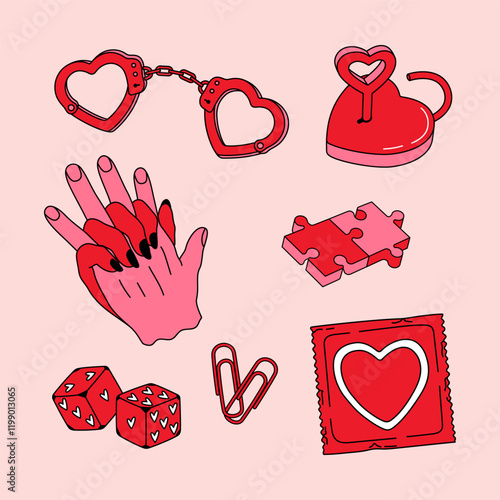 Vintage set stickers of Valentine's Day and Love. Line art design concept of romantic elements and symbols. Doodle pack for daily planner, scrapbooking, print. Hand drawn retro vector illustration
