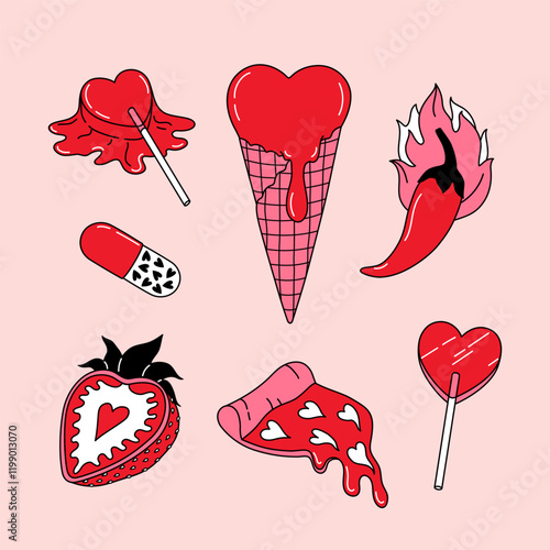 Vintage set food stickers of Valentine's Day and Love. Line art design concept of romantic elements and symbols. Doodle pack for daily planner, scrapbooking, print. Hand drawn vector illustration