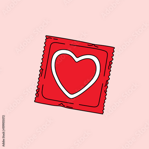 Hand drawn simple sticker illustration of condom package in heart shape. Concept of contraception method, protection against infections, Valentine's day design. Safe sex concept. Doodle icon
